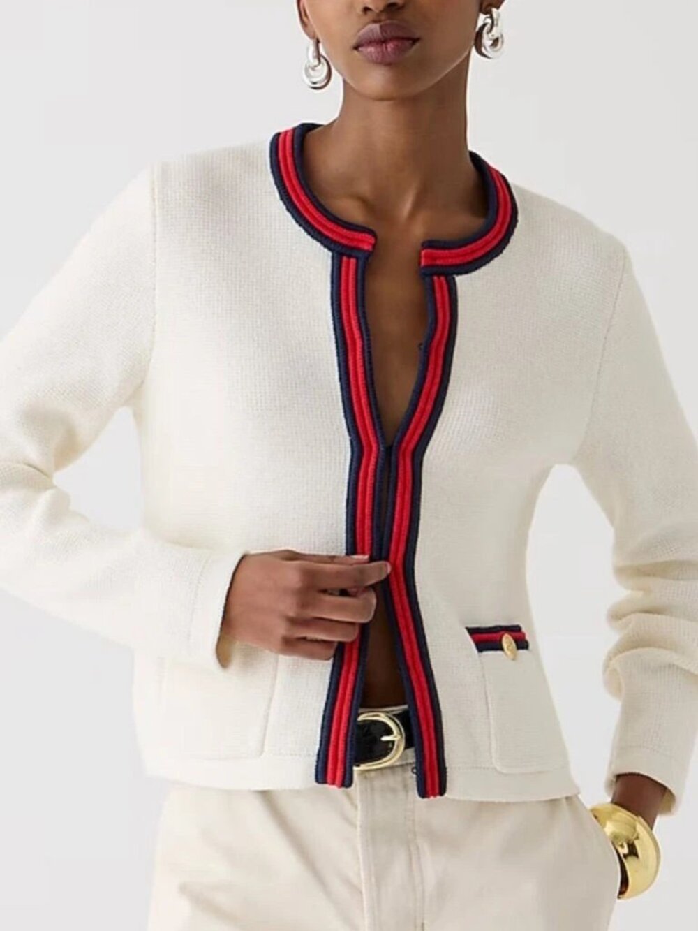 NWT J.Crew Emilie Sweater Lady Jacket Ivory Red Navy Contrast Trim Cardigan XL